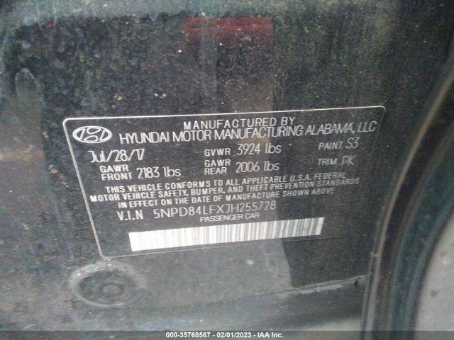 2018 HYUNDAI ELANTRA SEL VIN: 5NPD84LFXJH255728