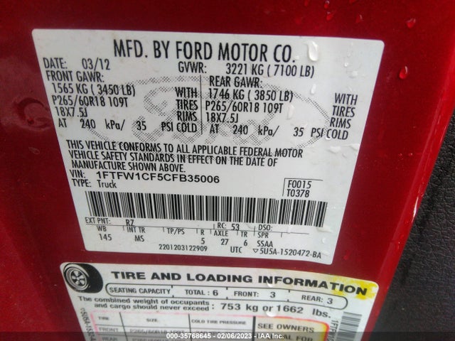 2012 FORD F-150 XL/XLT/FX2/LARIAT VIN: 1FTFW1CF5CFB35006
