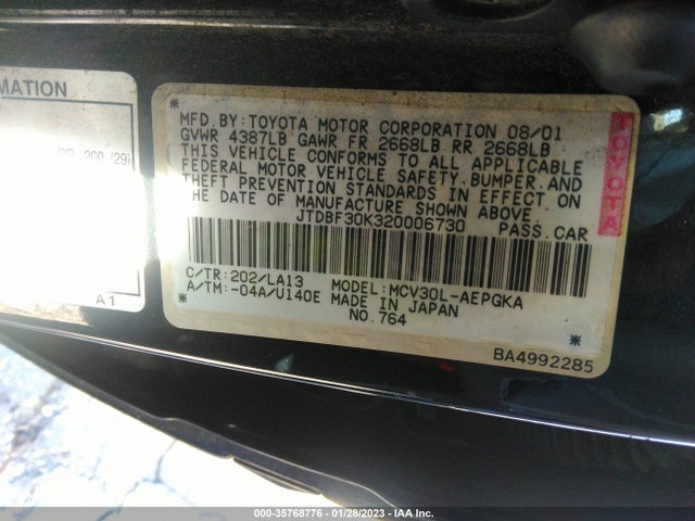 2002 TOYOTA CAMRY XLE/LE/SE VIN: JTDBF30K320006730