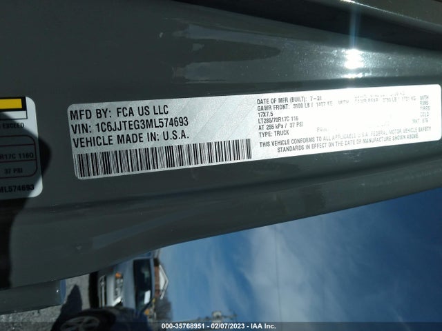 2021 Jeep Gladiator, VIN: 1C6JJTEG3ML574693