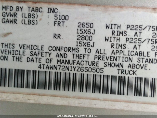2000 TOYOTA TACOMA VIN: 4TAWN72N1YZ650505
