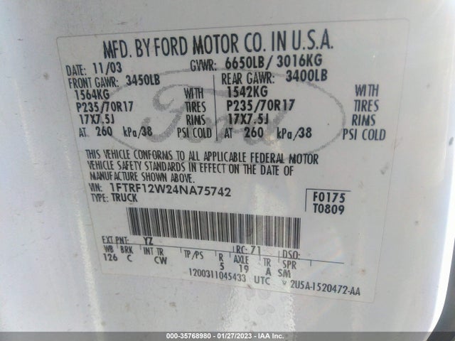 2004 FORD F-150 XL/STX/XLT VIN: 1FTRF12W24NA75742