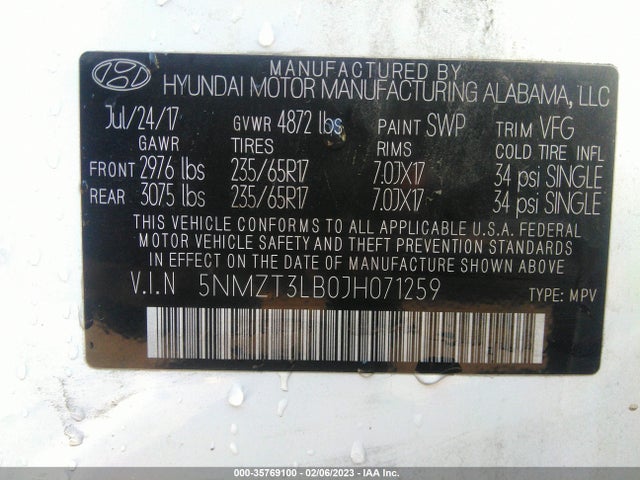 2018 Hyundai Santa Fe, VIN: 5NMZT3LB0JH071259