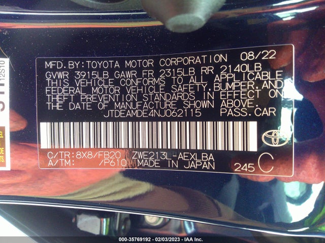 2022 TOYOTA COROLLA HYBRID LE VIN: JTDEAMDE4NJ062115