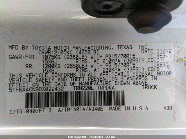 2013 TOYOTA TACOMA VIN: 5TFNX4CN9DX022432