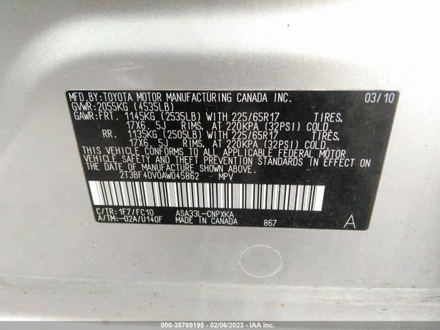 2010 TOYOTA RAV4 VIN: 2T3BF4DV0AW045862