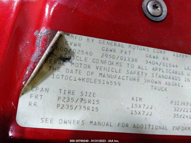 1990 GMC SIERRA C1500 VIN: 1GTDC14K0LE514559