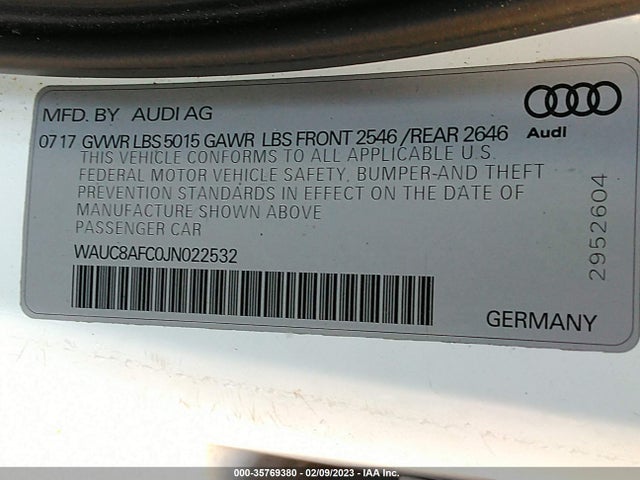 WAUC8AFC0JN022532 Audi A6 Premium/sport