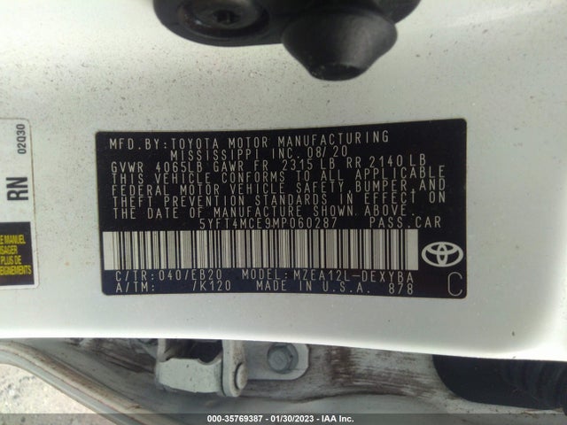 2021 TOYOTA COROLLA XSE/APEX XSE VIN: 5YFT4MCE9MP060287