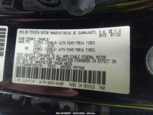 2022 TOYOTA TACOMA 4WD SR/SR5/TRD SPORT VIN: 3TYCZ5AN8NT092154