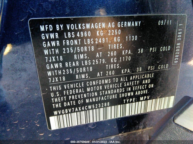 2012 VOLKSWAGEN TIGUAN SE W/SUNROOF & NAV VIN: WVGBV7AX4CW523288