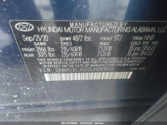 2020 HYUNDAI SANTA FE SEL VIN: 5NMS3CAD2LH281936