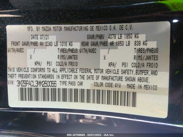 2021 Mazda 3, VIN: 3MZBPACL3MM250056