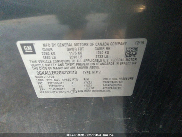 2016 GMC Terrain, VIN: 2GKALLEK2G6212010