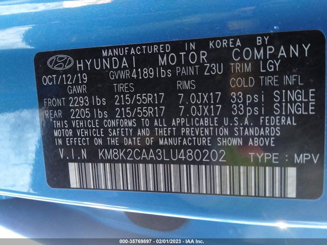 2020 HYUNDAI KONA SEL VIN: KM8K2CAA3LU480202