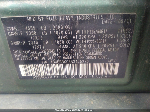 4S4BRBKC6B3425270 Subaru Outback 2.5i Limited Pwr Moon