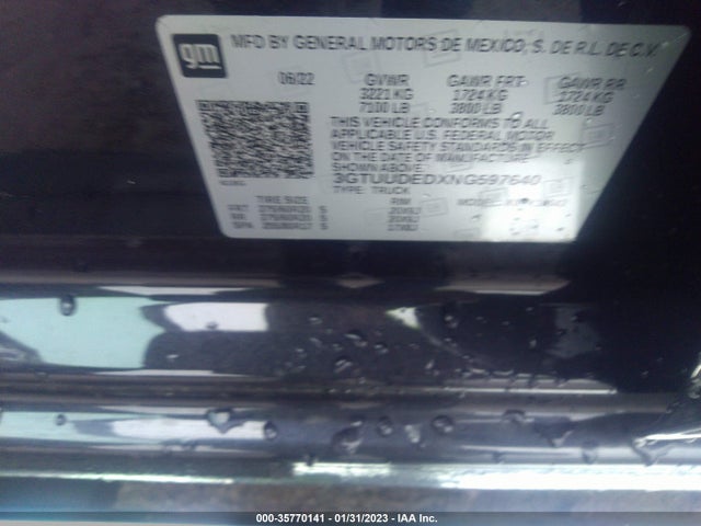 2022 GMC SIERRA 1500 SLT VIN: 3GTUUDEDXNG597640