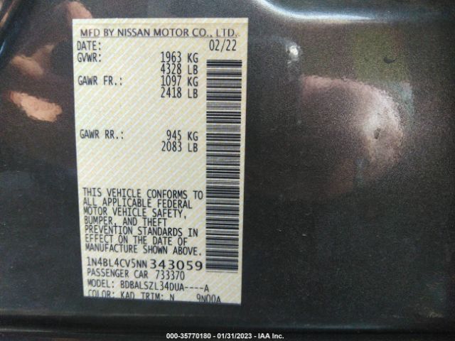 1N4BL4CV5NN343059 Nissan Altima 2.5 Sr