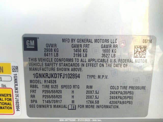 2015 Chevrolet Traverse, VIN: 1GNKRJKD7FJ102894