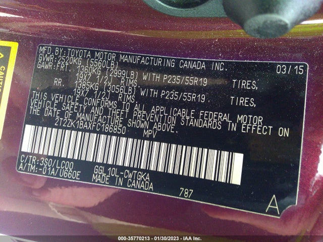 2T2ZK1BAXFC186850 Lexus RX 350