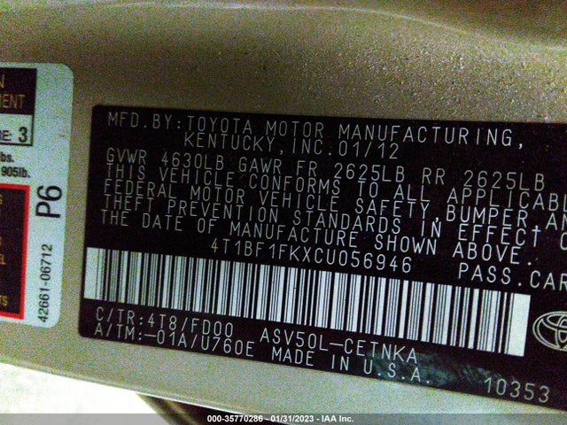 2012 TOYOTA CAMRY L/LE/SE/XLE VIN: 4T1BF1FKXCU056946
