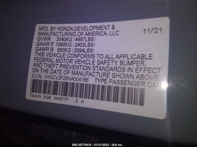 2022 Honda Accord, VIN: 1HGCV3F29NA004186