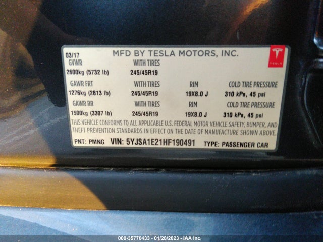Tesla Model S 100d/90d/75d/60d/p100d 2017 5YJSA1E21HF190491 Image 9