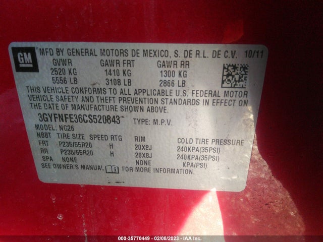 3GYFNFE36CS520843 Cadillac Srx Premium Collection