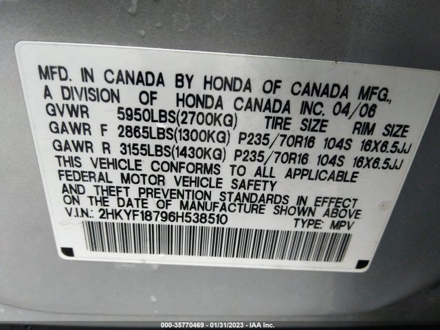 2006 HONDA PILOT EX-L WITH NAVI VIN: 2HKYF18796H538510