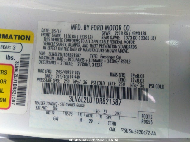2013 LINCOLN MKZ HYBRID VIN: 3LN6L2LU1DR821587