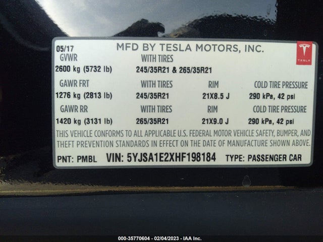 Tesla Model S 100d/90d/75d/60d/p100d 2017 5YJSA1E2XHF198184 Image 11