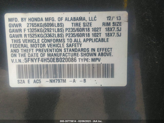Honda Pilot Ex-l 2014 5FNYF4H50EB020086 Image 10