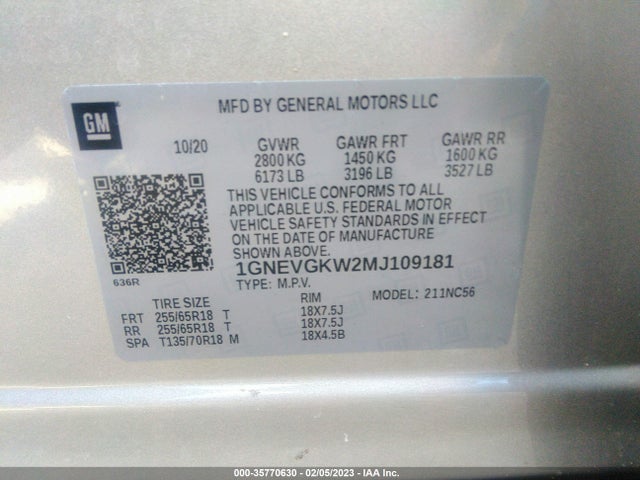 Chevrolet Traverse Lt Cloth 2021 1GNEVGKW2MJ109181 Image 11