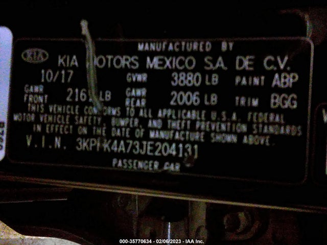 2018 KIA FORTE LX VIN: 3KPFK4A73JE204131