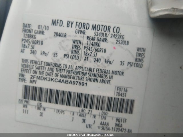 2010 FORD EDGE LIMITED VIN: 2FMDK3KC4ABA97591