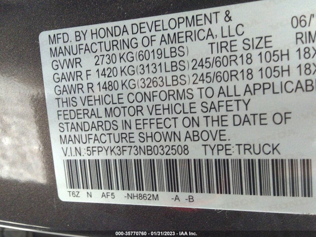 2022 Honda Ridgeline, VIN: 5FPYK3F73NB032508