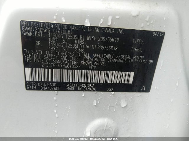 2017 TOYOTA RAV4 LIMITED/PLATINUM VIN: 2T3DFREVXHW643522