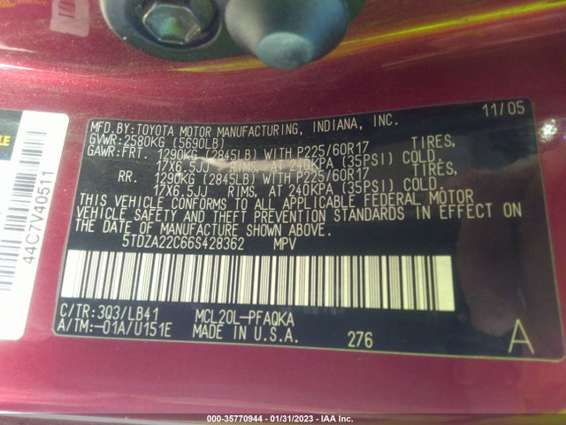 2006 TOYOTA SIENNA XLE VIN: 5TDZA22C66S428362