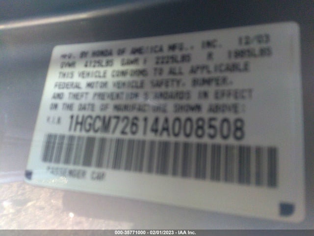 2004 HONDA ACCORD CPE EX VIN: 1HGCM72614A008508