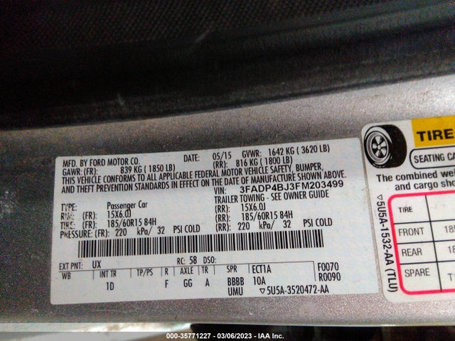 2015 FORD FIESTA SE VIN: 3FADP4BJ3FM203499