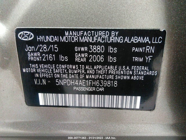2015 HYUNDAI ELANTRA SE VIN: 5NPDH4AE1FH639818