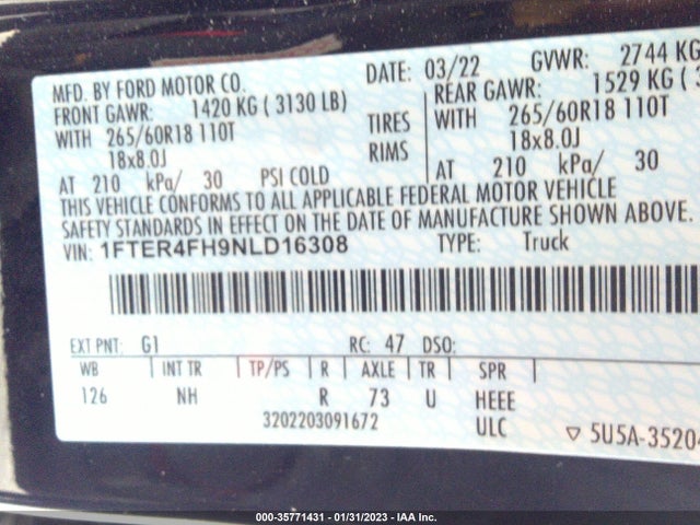 2022 Ford Ranger, VIN: 1FTER4FH9NLD16308
