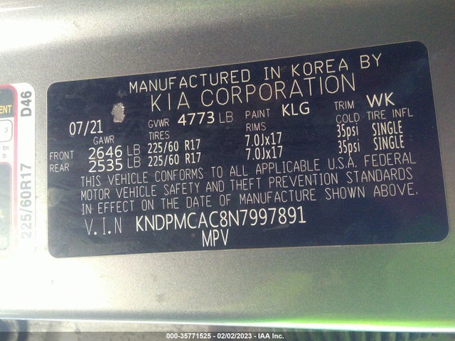 2022 KIA SPORTAGE LX VIN: KNDPMCAC8N7997891