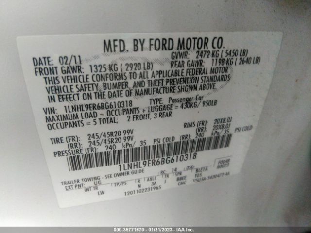 1LNHL9ER6BG610318 Lincoln MKS