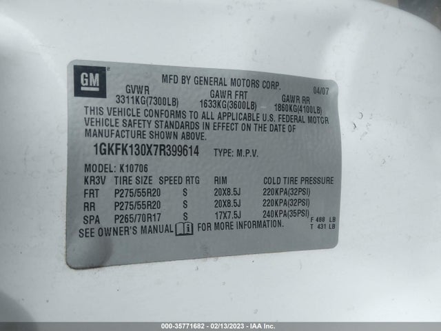 GMC YUKON SLT 2007 1GKFK130X7R399614 Image 10