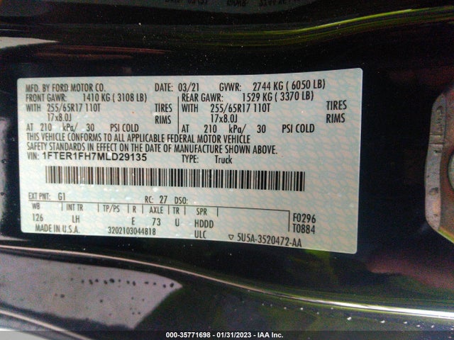 2021 Ford Ranger, VIN: 1FTER1FH7MLD29135