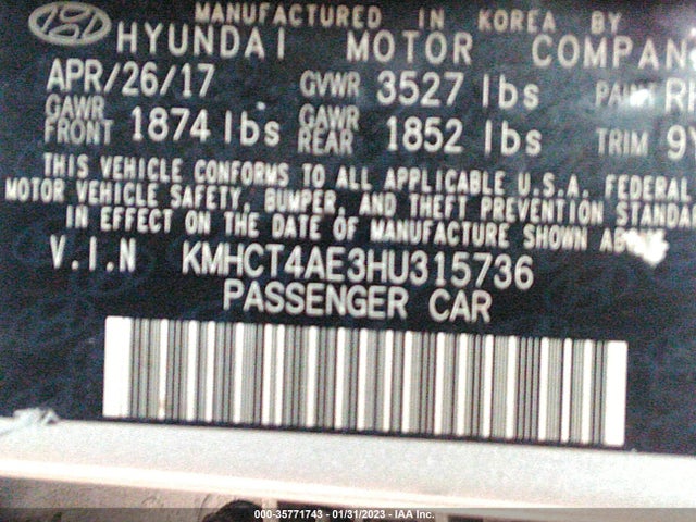 2017 HYUNDAI ACCENT SE VIN: KMHCT4AE3HU315736