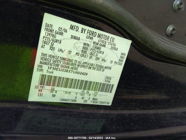 2007 FORD EXPLORER SPORT TRAC LIMITED VIN: 1FMEU338X7UA02429