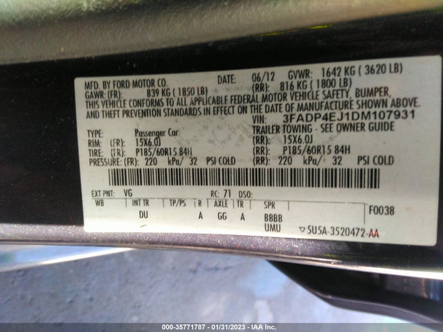 2013 FORD FIESTA SE VIN: 3FADP4EJ1DM107931