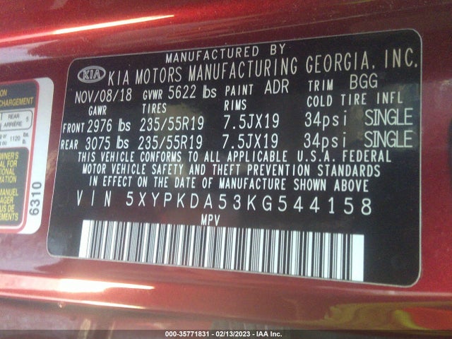 Продажа на аукционе авто 2019 Kia Sorento Sx V6, vin: 5XYPKDA53KG544158, номер лота: 35771831